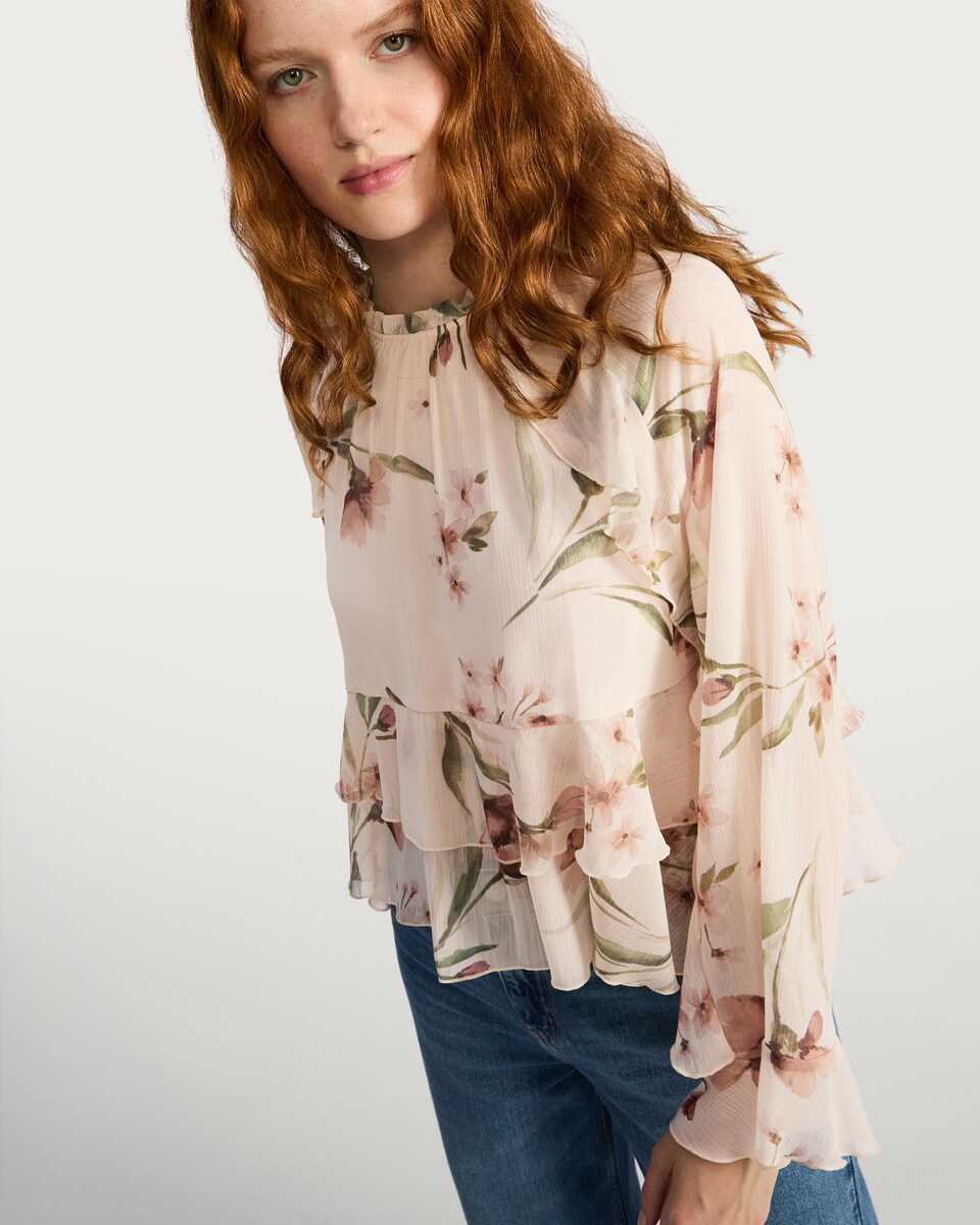image 1 of F&F Floral Print Ruffle Detail Blouse in Cream