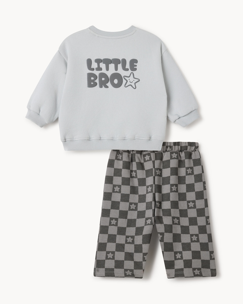 image 1 of F&F Baby 2-Piece Cotton Rich Little Bro Sweatshirt & Trouser Set in Grey