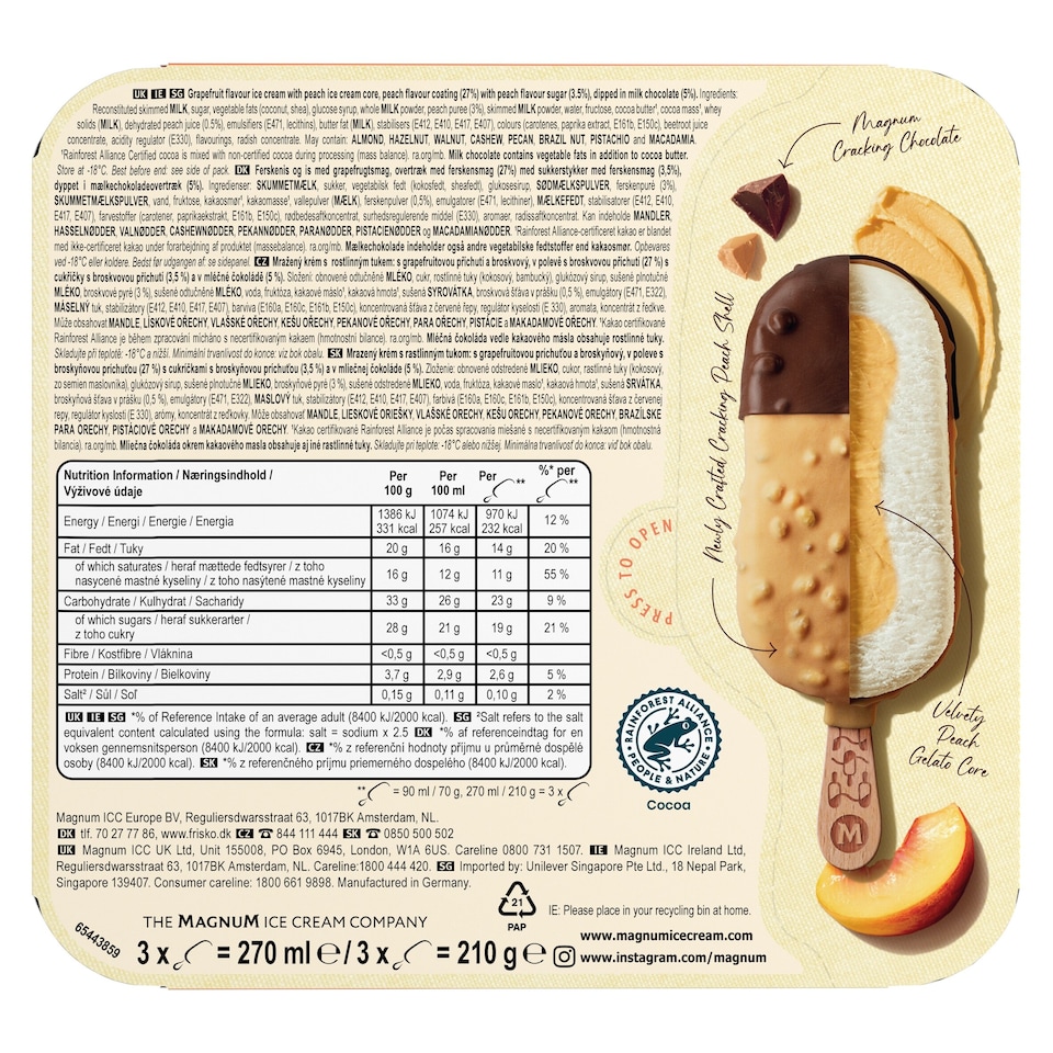 image 1 of Magnum Signature Peach Ice Cream Sticks 3 x 90ml