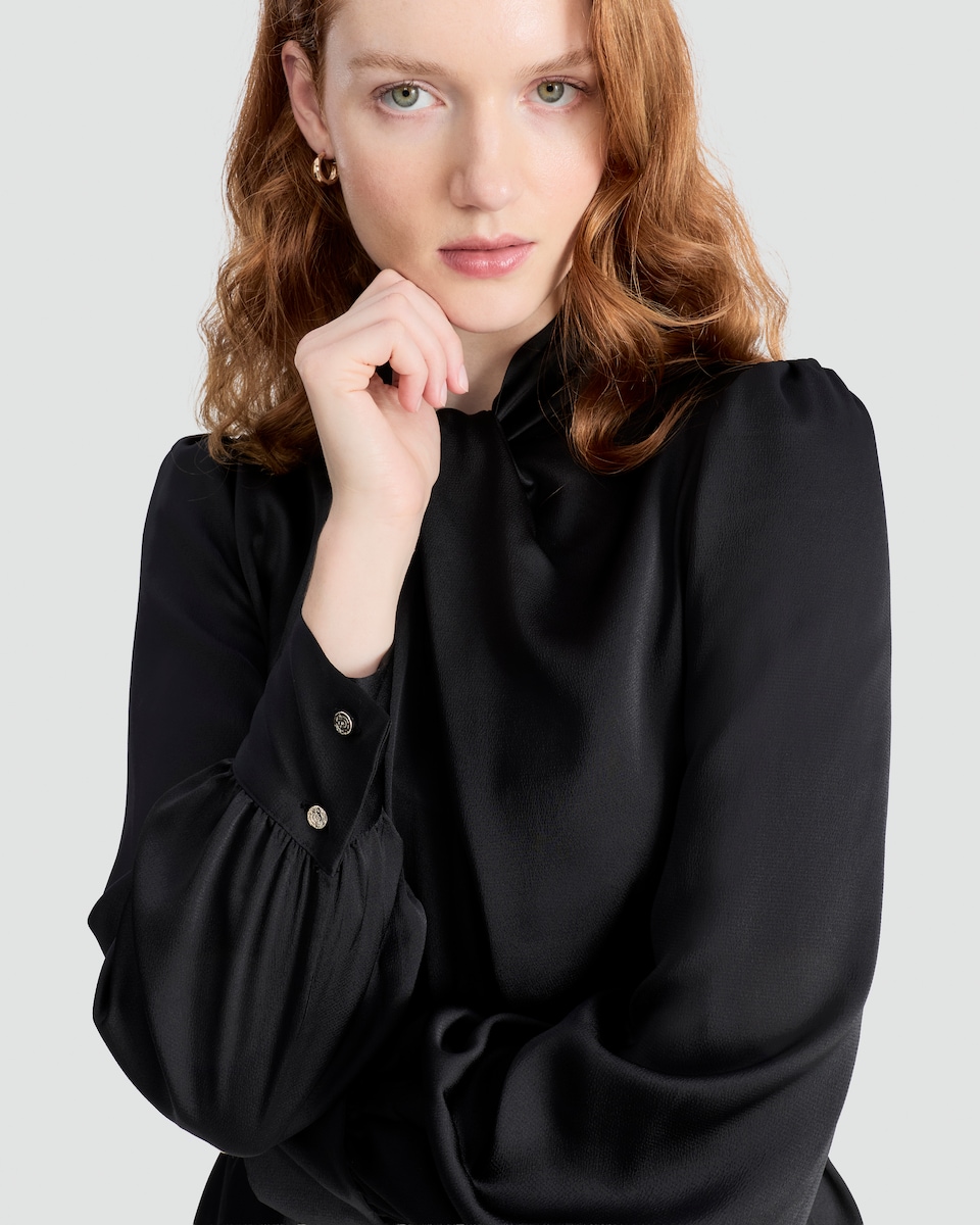 image 1 of F&F Faux Satin Tie Neck Mini Dress in Black