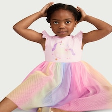 F&F Girls Unicorn Rainbow Flutter Sleeved Dress in Multi Pink