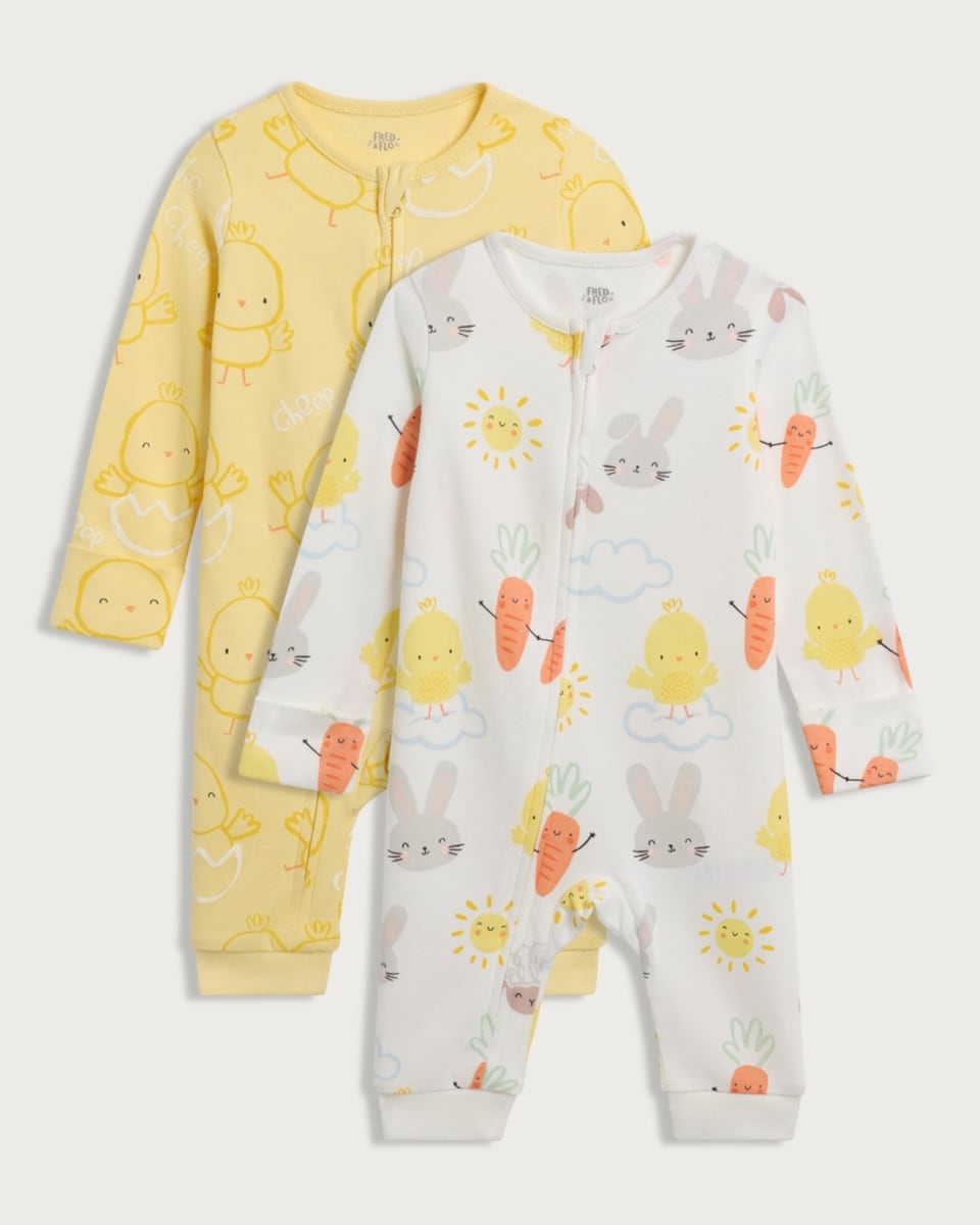 F&F Baby 2-Pack Pure Cotton Bunny and Chick Sleepsuits in Cream