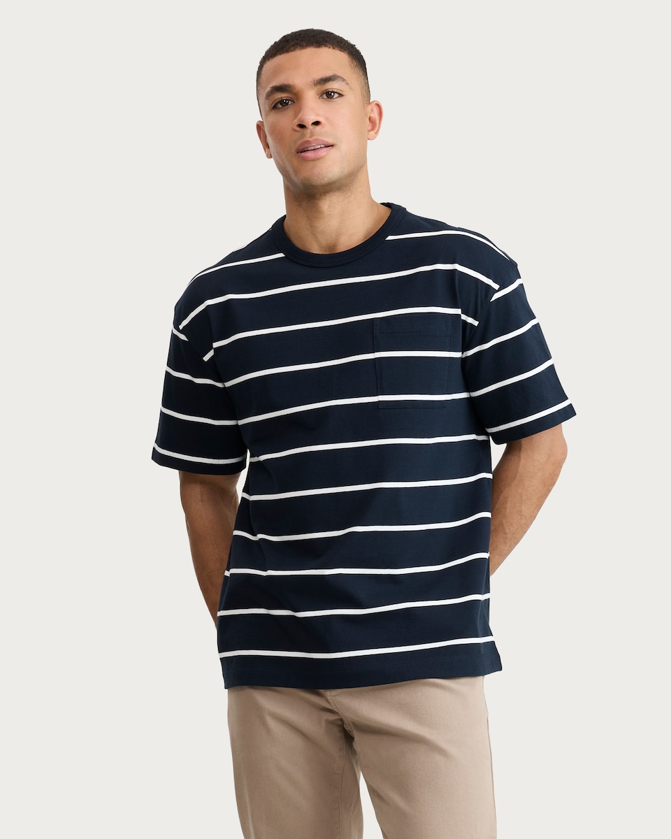 image 1 of F&F Pure Cotton Stripe Print Short Sleeved Relaxed Fit T-Shirt in Navy