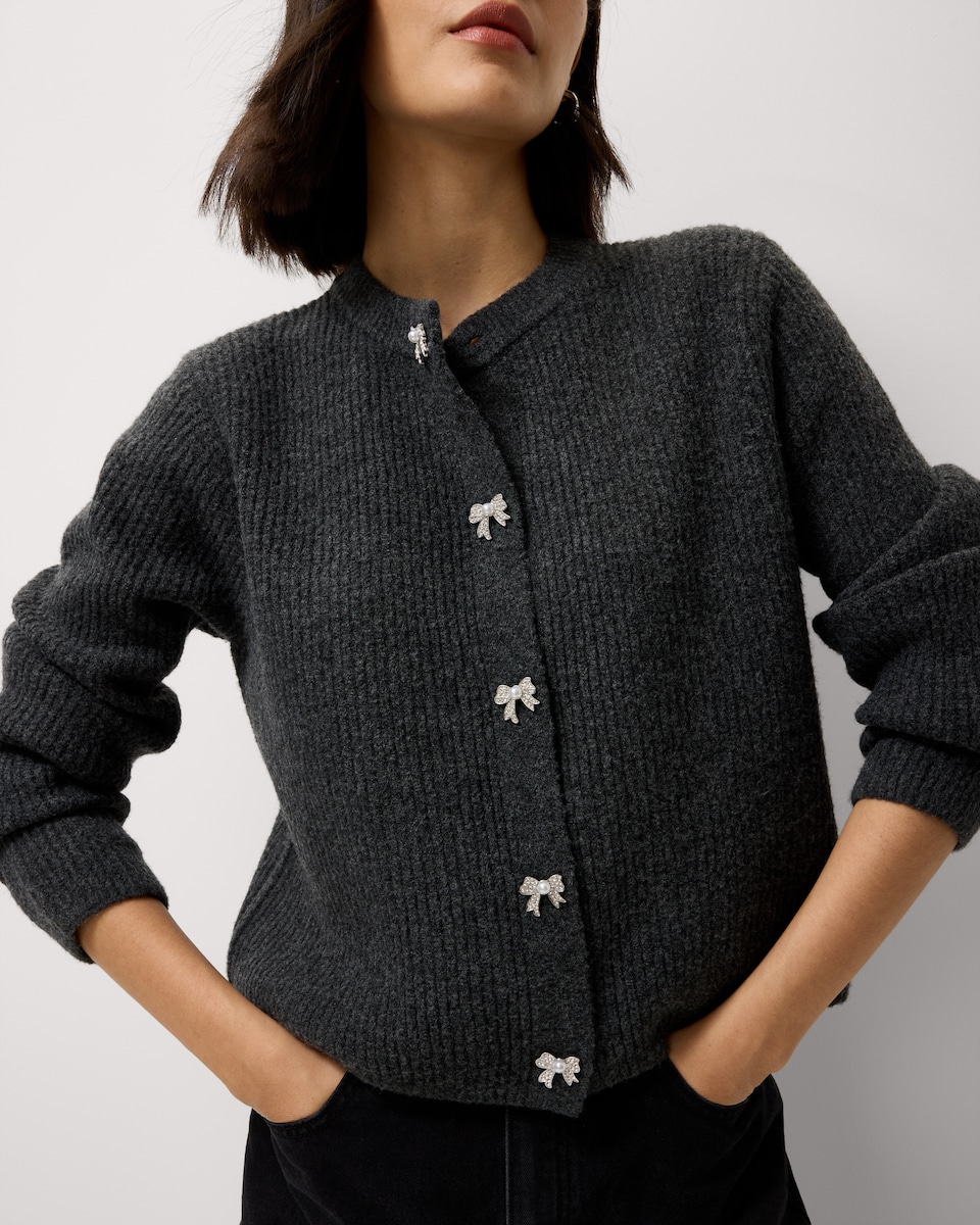 image 1 of F&F Ribbed Diamanté Bow Button Cardigan in Grey