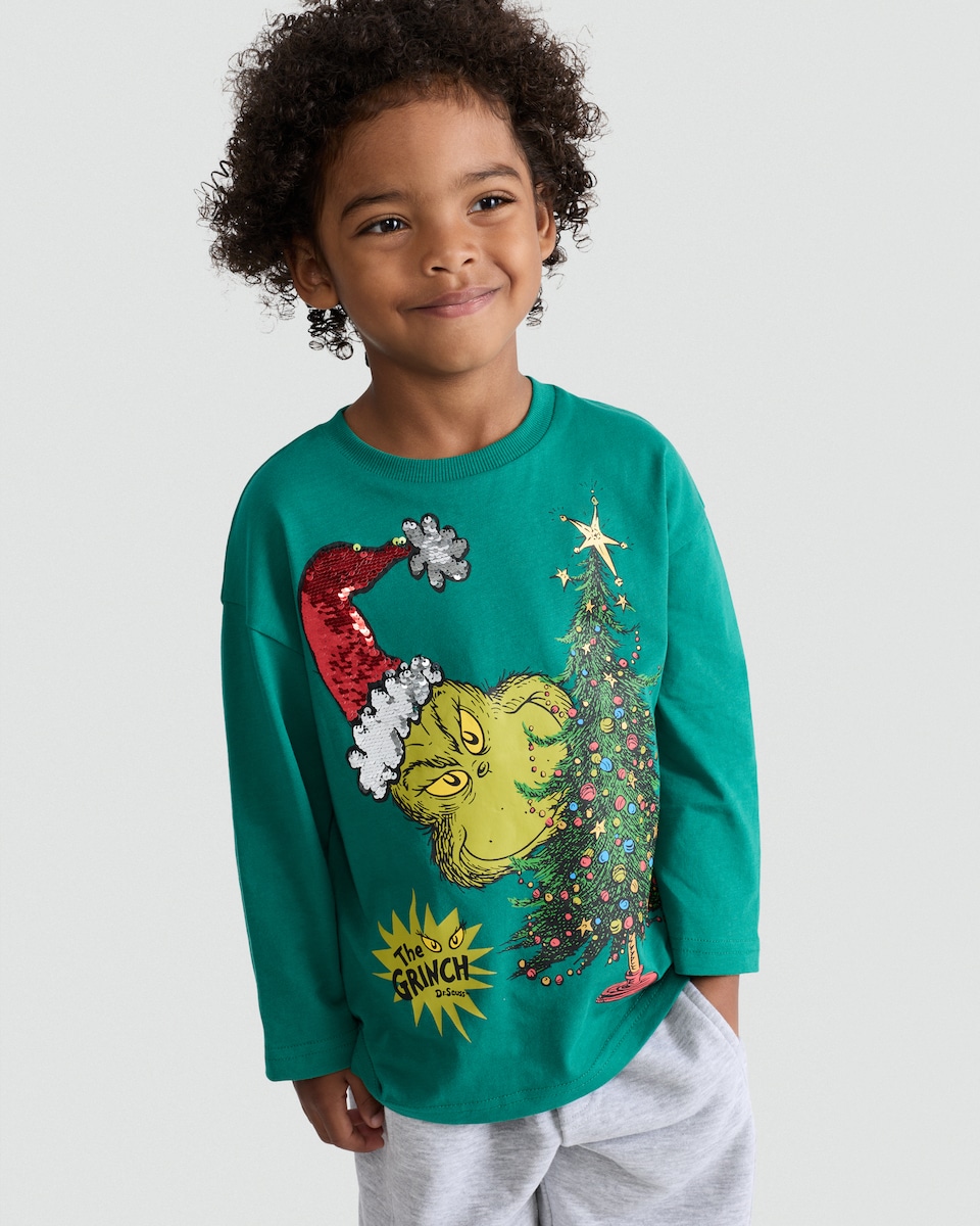 image 1 of The Grinch Pure Cotton Christmas Tree Print Top in Green