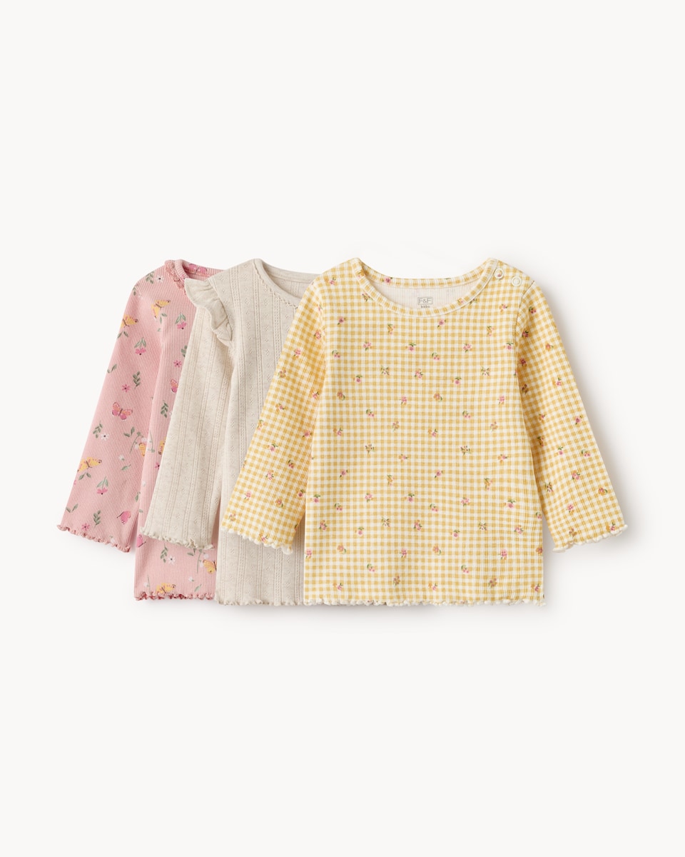 image 1 of F&F Baby 3-Pack Cotton Rich Printed Long Sleeved Tops in Multi