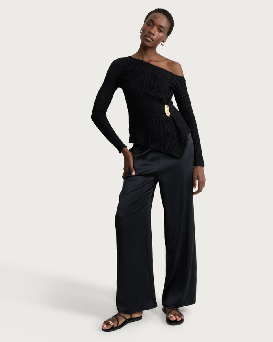 image 1 of F&F Textured Gold Buckle Asymmetric Hem Top in Black