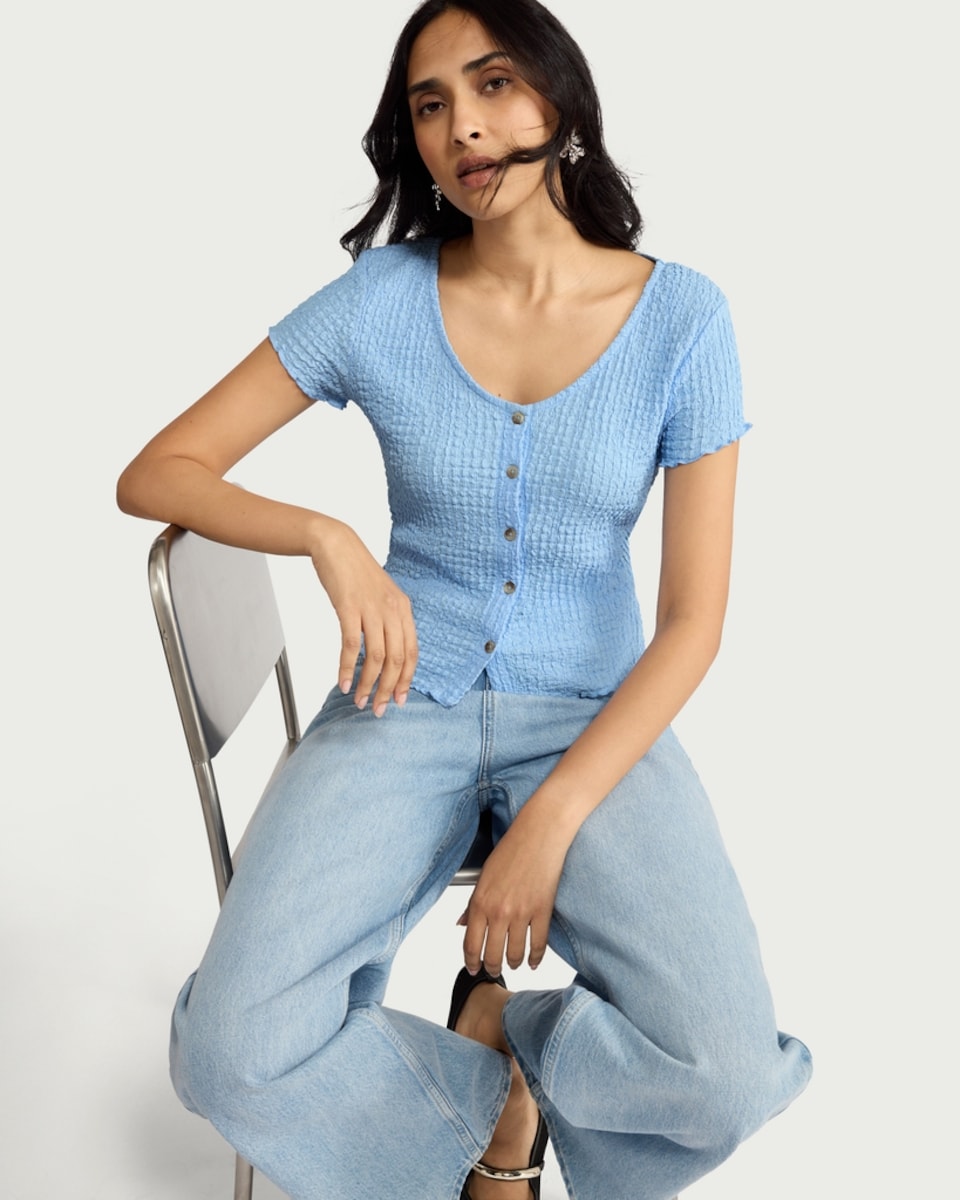 image 1 of F&F Textured Button Front Top in Blue