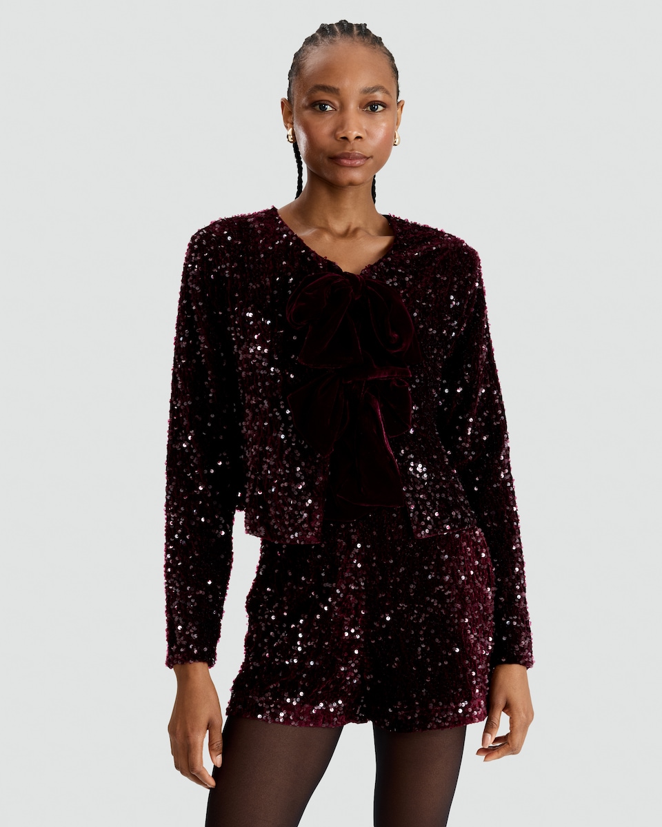 image 1 of F&F Sequin Embellished Bow Detail Jacket in Burgundy