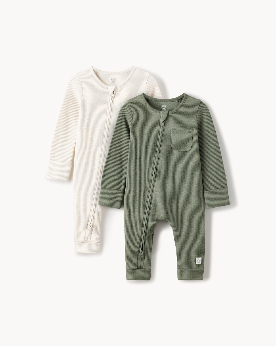 image 1 of F&F Baby 2-Pack Cotton Rich Ribbed Sleepsuits in Green