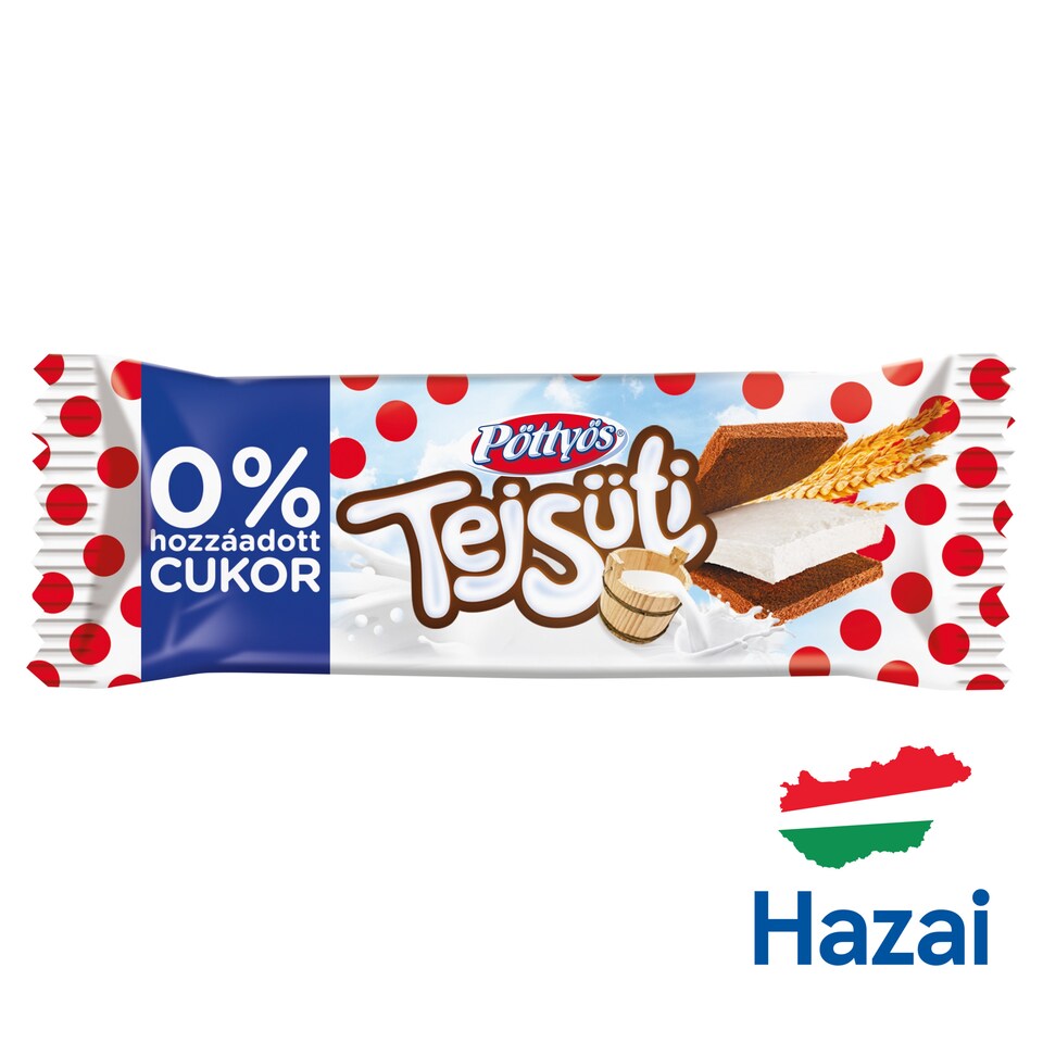 Pöttyös Tejsüti tejes krémmel töltött kakaós piskóta, hozzáadott cukor nélkül, édesítőszerekkel 20 g