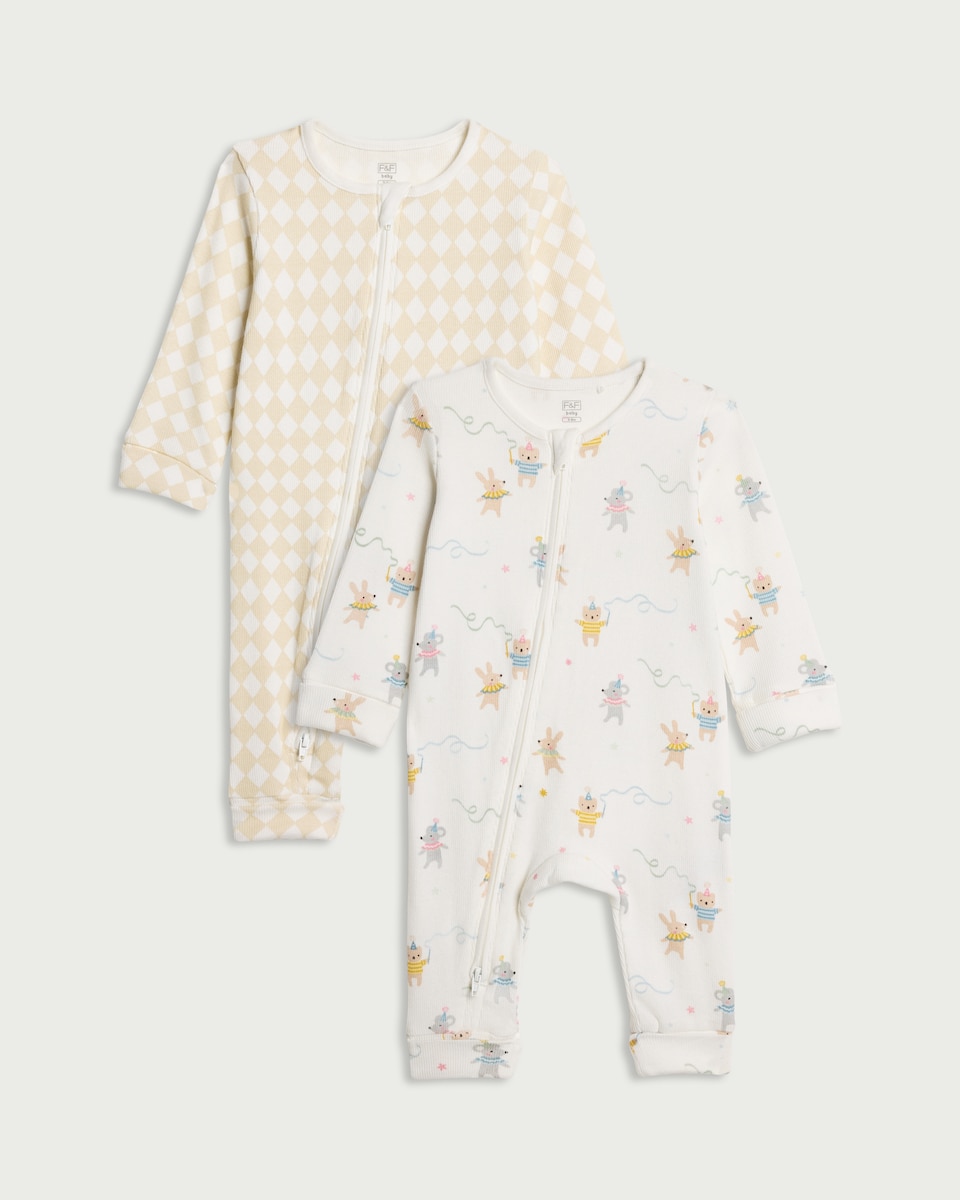 F&F Baby 2-Pack Cotton Rich Printed Sleepsuits in White