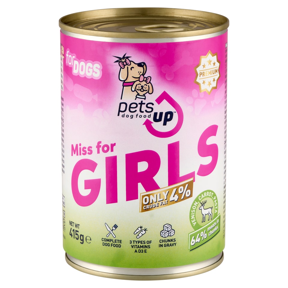 PetsUp Miss for Girls állateledel felnőtt kutyáknak vaddal, sárgarépával, tésztával, szószban 415 g  1. kép