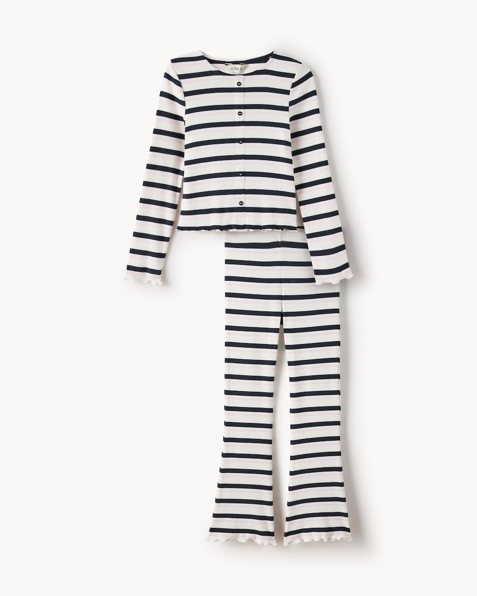 image 1 of F&F Girls Cotton Rich Striped Cardigan and Leggings Set in Multi