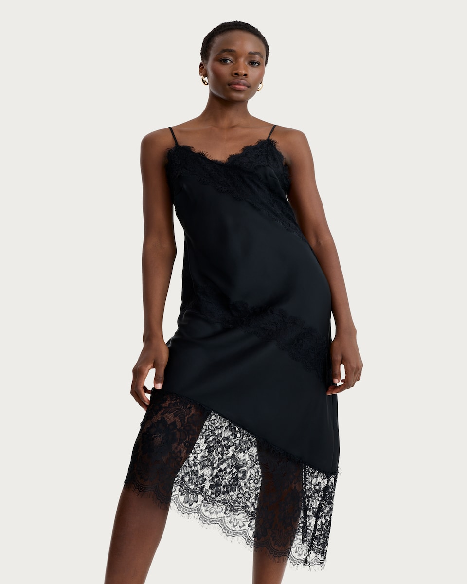image 1 of F&F Satin Lace Trim Asymmetric Hem Midi Slip Dress in Black