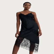 F&F Satin Lace Trim Asymmetric Hem Midi Slip Dress in Black