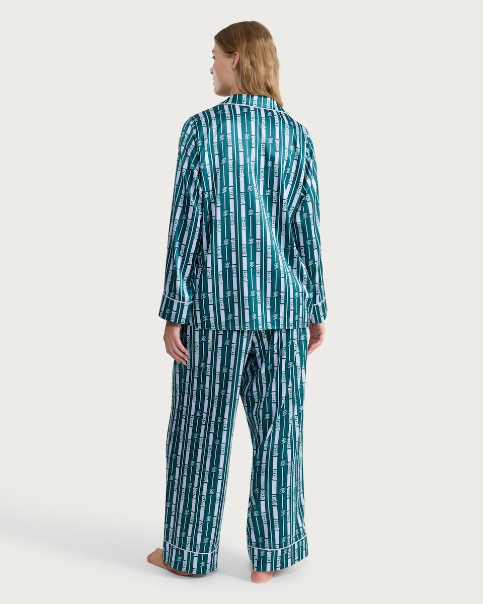 image 1 of Wicked Print Satin Shirt and Trousers Pyjamas in Purple