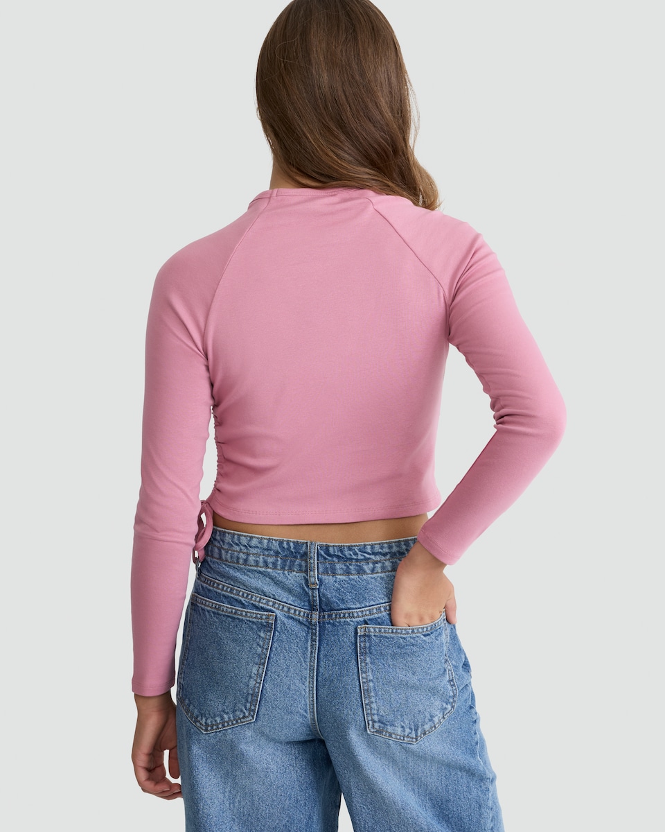 image 1 of OH ME OH MY Cotton Rich Ruched Side Long Sleeved Top in Pink
