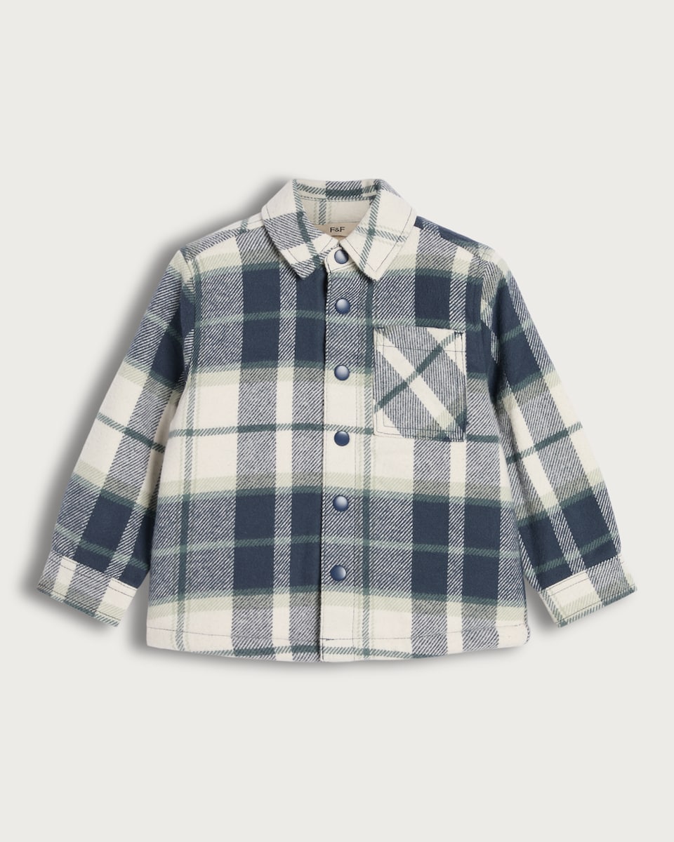 F&F Boys Pure Cotton Check Print Popper Front Shacket in Blue