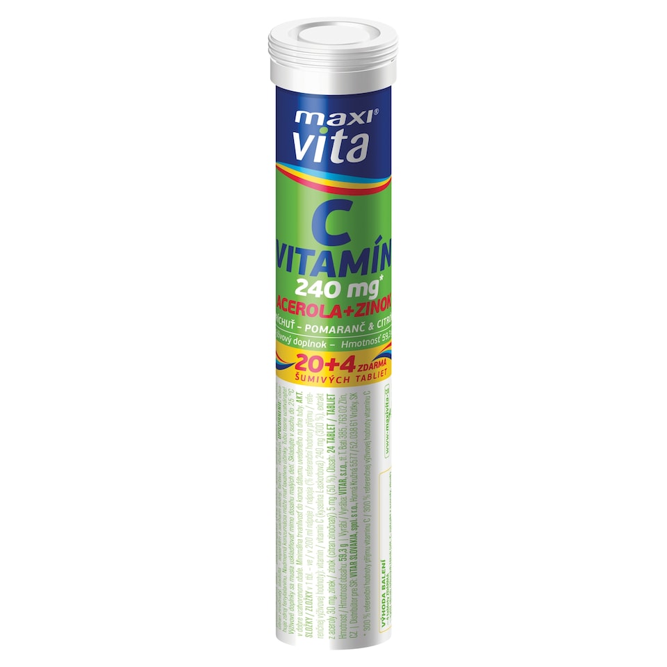 Maxi Vita Vitamín C acerola + zinok príchuť pomaranč & citrón 24 šumivých tabliet 59,3 g