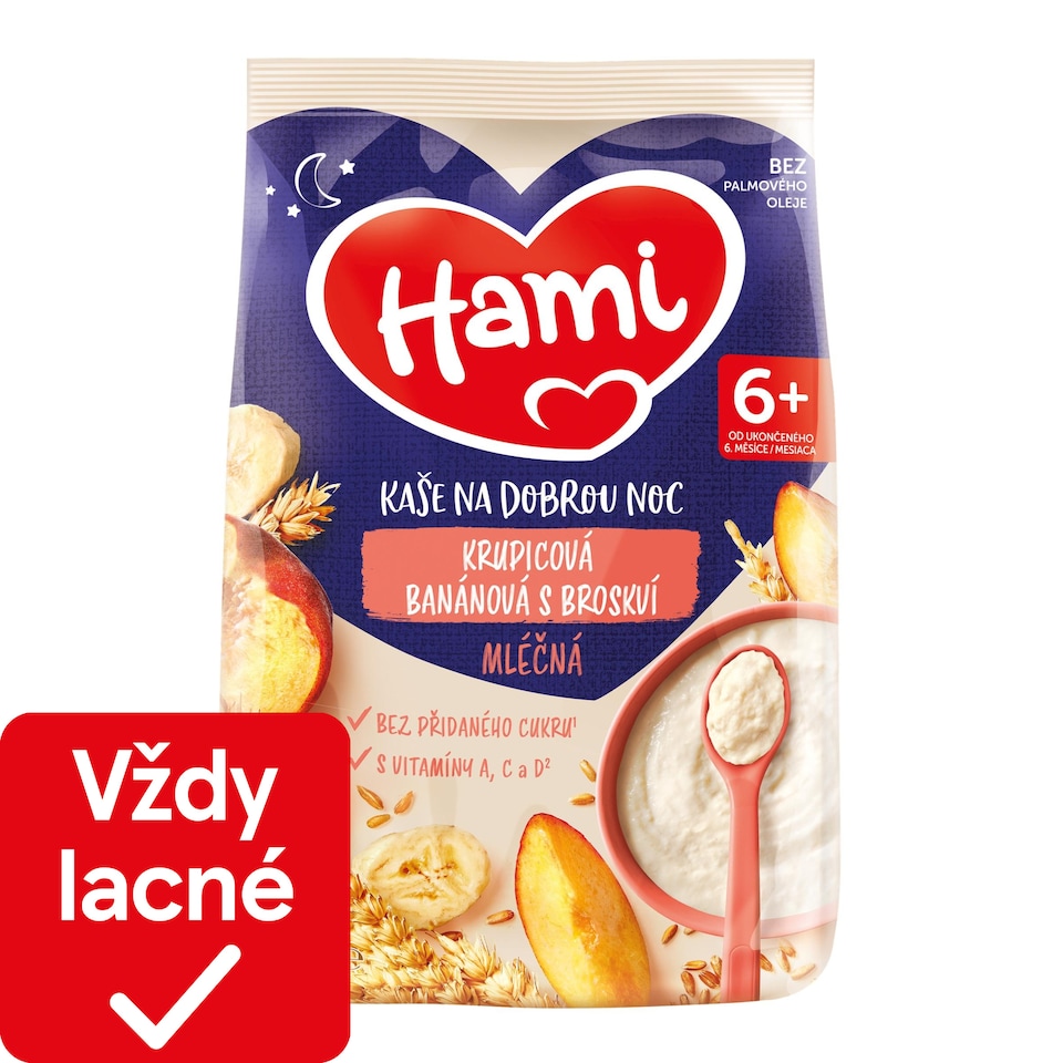 obrázok 1 z HAMI Mliečna kaša krupicová banánová s broskyňou na dobrú noc 210g