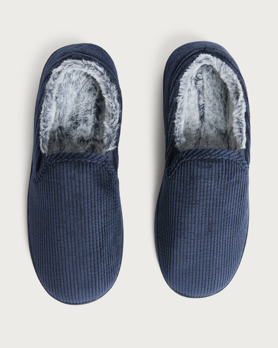 image 1 of F&F Corduroy Faux Fur Lined Slippers in Navy