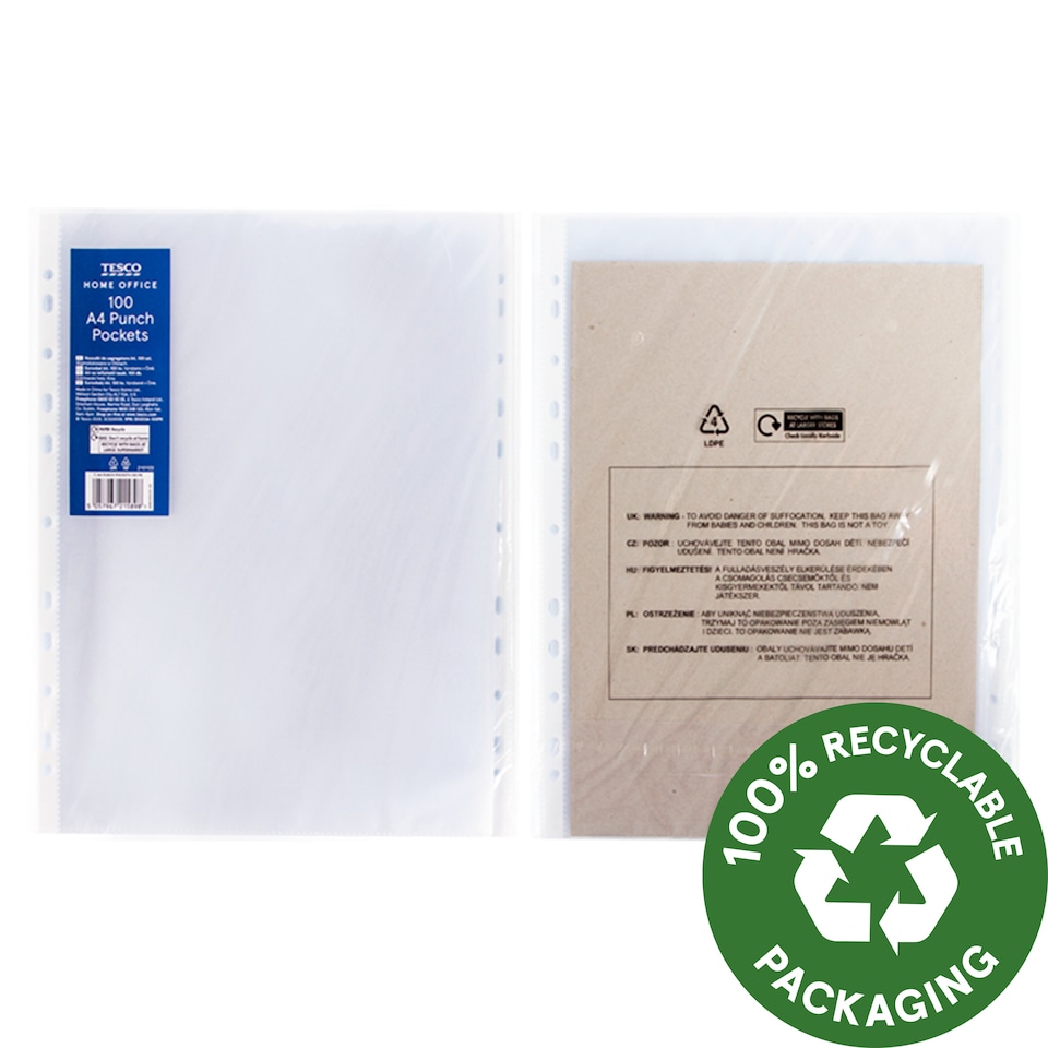 Tesco Home Office A4 Punch Pockets 100 pcs