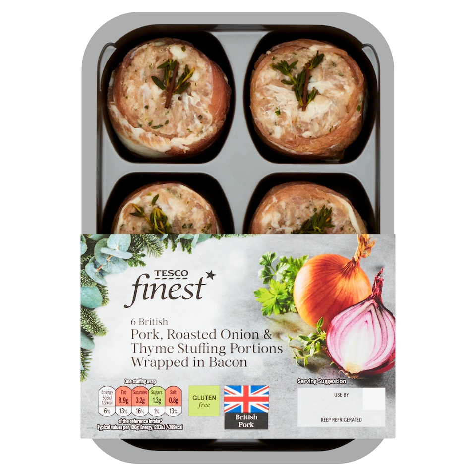Tesco Finest 6 Pork & Onion Stuffing Portions In Bacon 302G