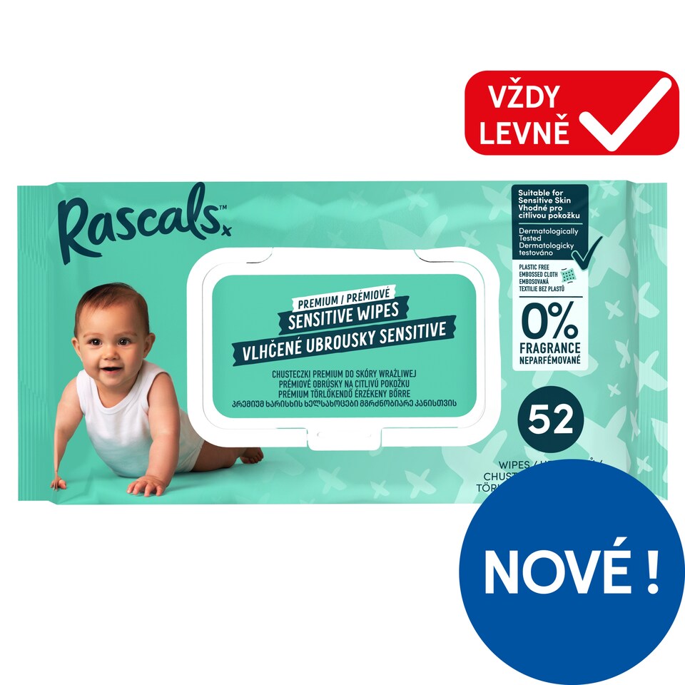 Rascals Sensitive prémiové vlhčené ubrousky 52 ks 370g