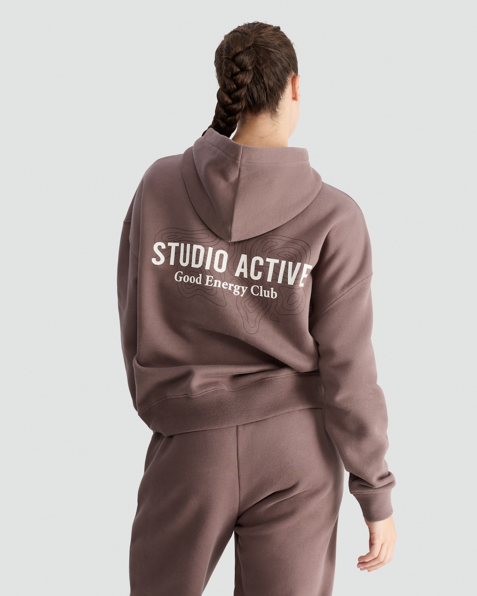 image 1 of F&F Active Cotton Rich Slogan Hoodie in Brown