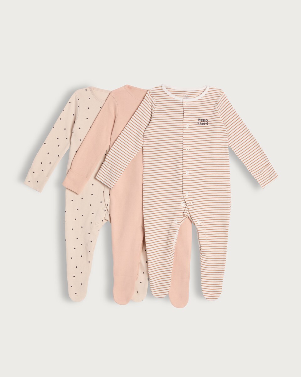 image 1 of F&F Baby 3-Pack Pure Cotton Slogan Long Sleeved Sleepsuits in Neutral/Natural