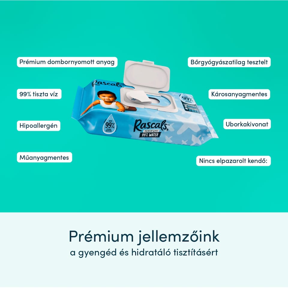 Rascals Premium törlőkendő 99% víztartalommal 48 db  1. kép