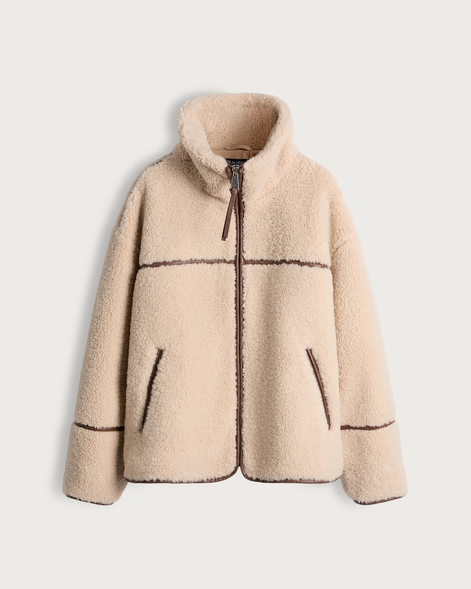 image 1 of F&F Borg Funnel Neck Zip Through Jacket in Neutral