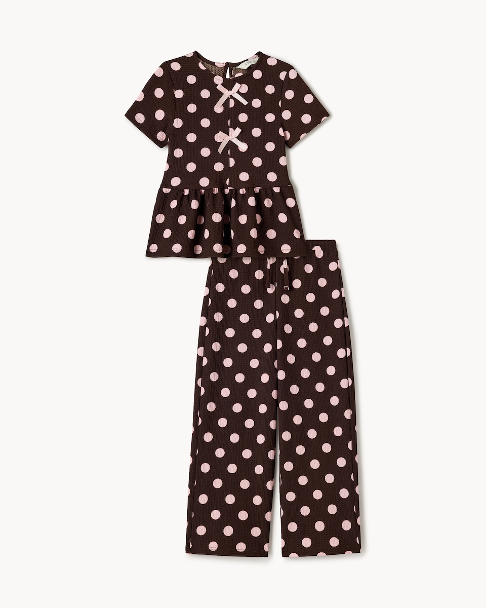 image 1 of F& Girls Textured Polka Dot Print Top and Trousers Set in Brown