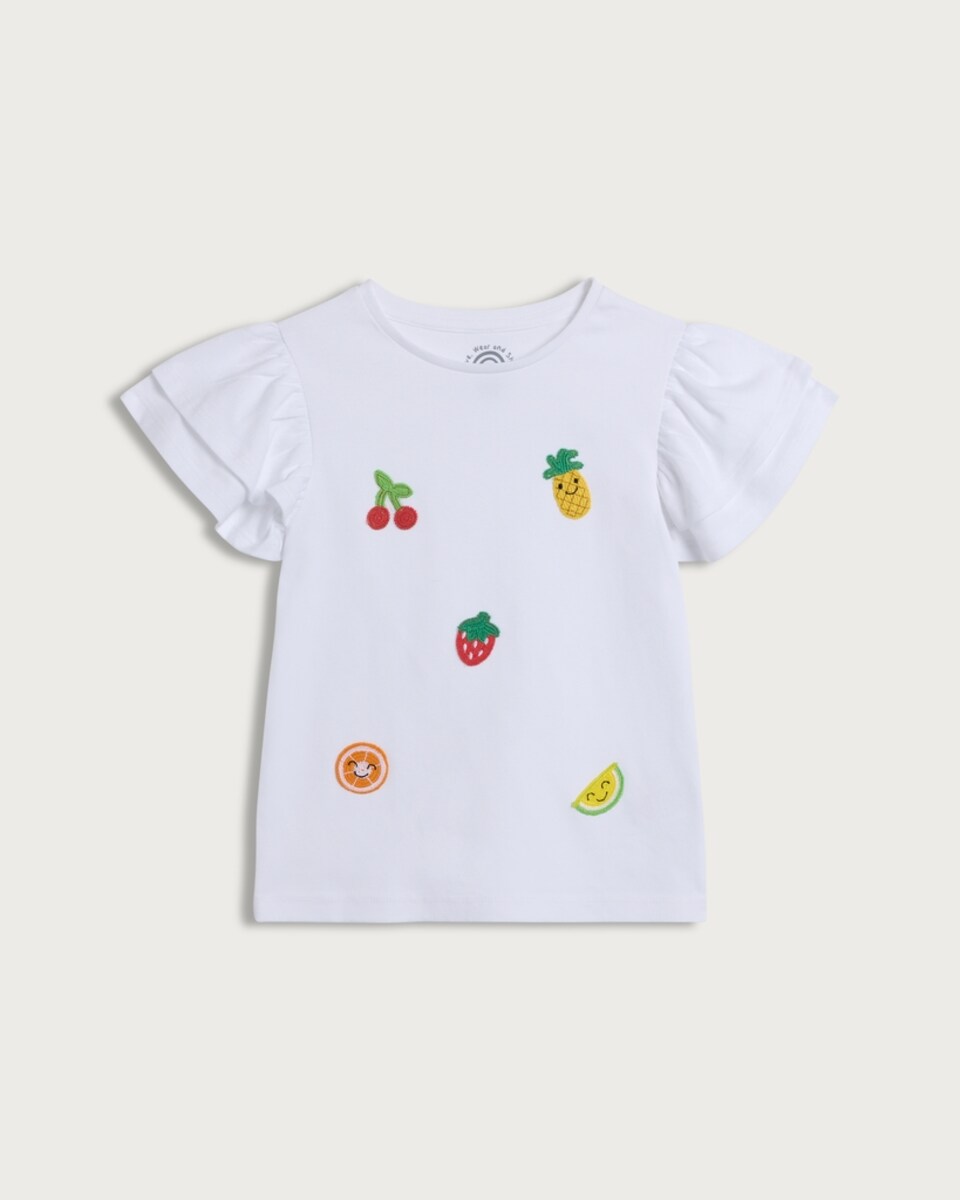 image 1 of F&F Girls Pure Cotton Fruit Embroidered Flutter Sleeved T-Shirt in Multi