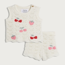 F&F Baby 2-Piece Pure Cotton Knitted Embroidered Vest and Shorts Set in Cream