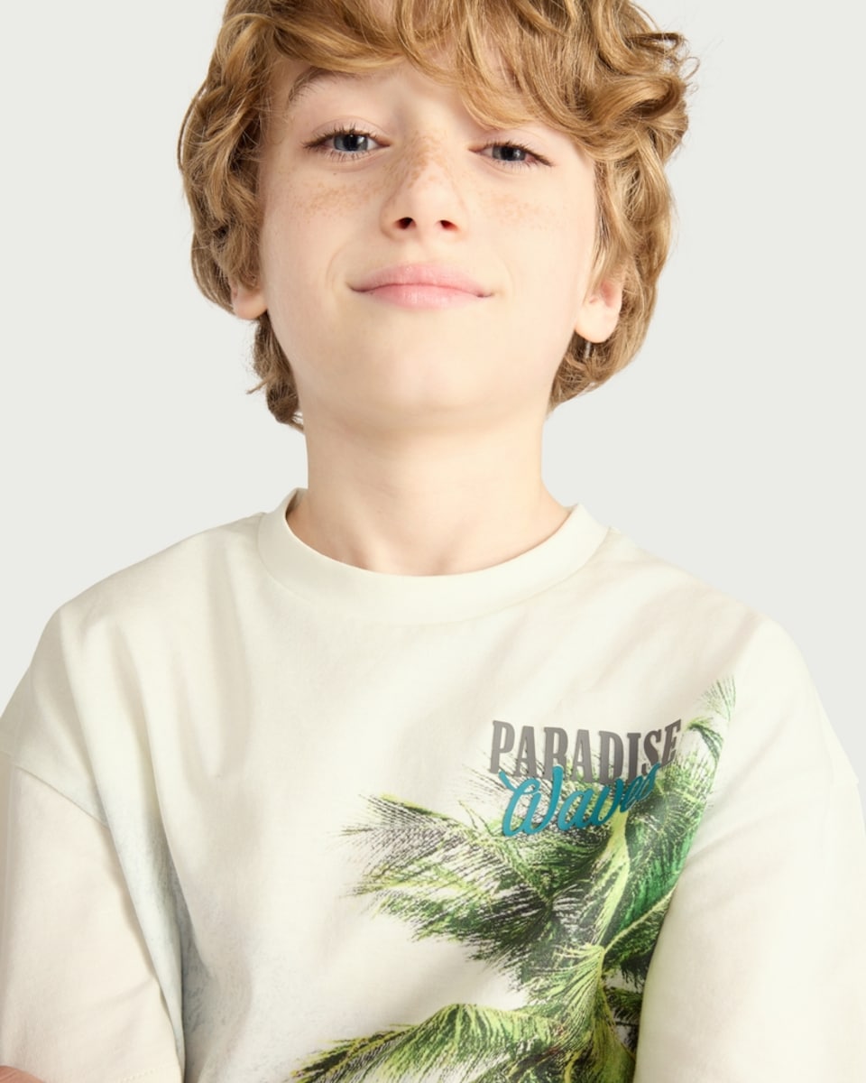 image 1 of F&F Boys Pure Cotton Paradise Print T-Shirt in Cream