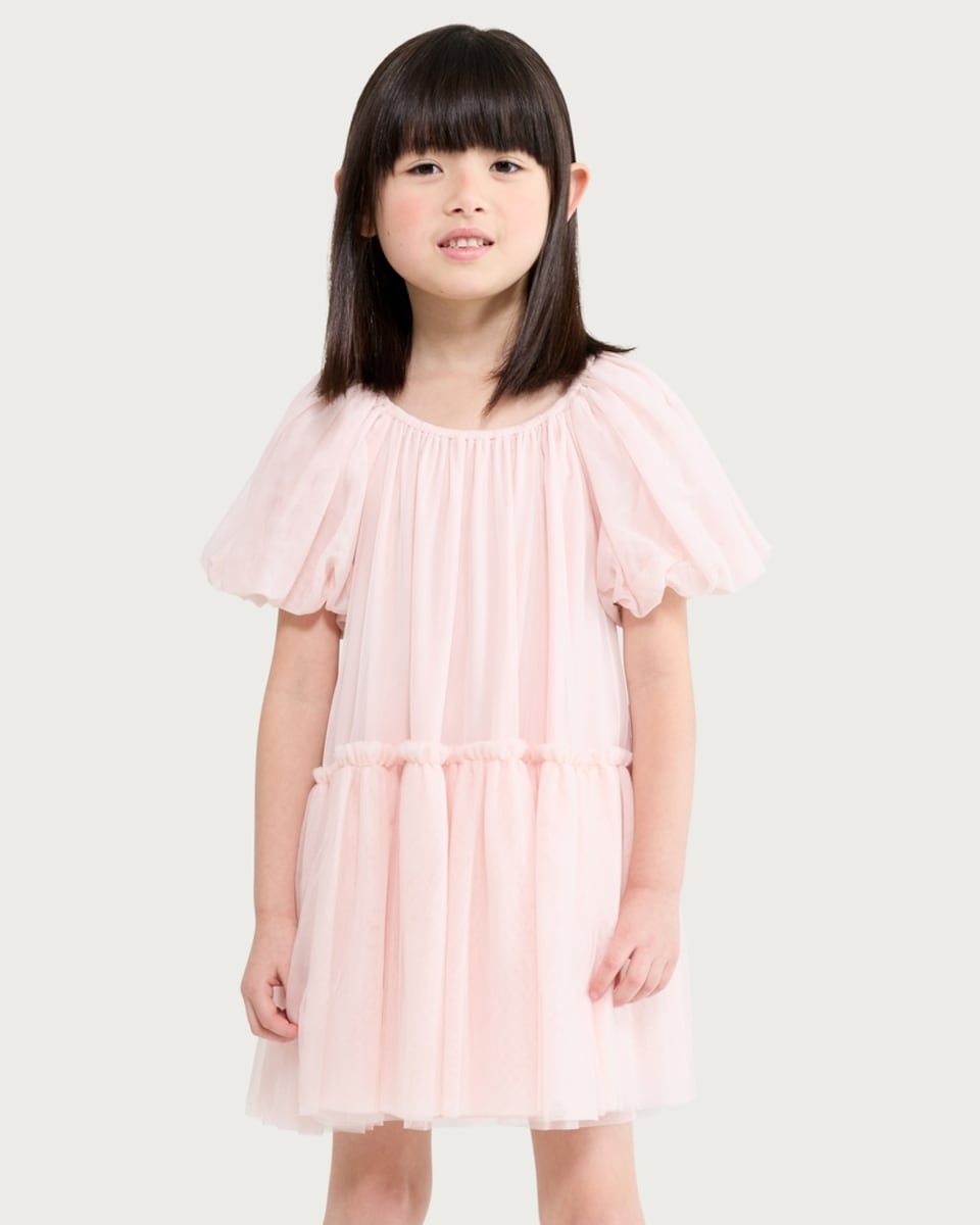 image 1 of F&F Girls Tiered Puff Sleeved Dress in Pink