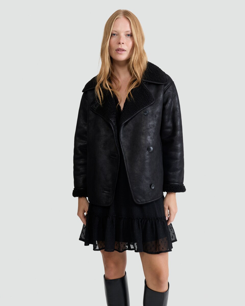 image 1 of F&F Faux Shearling Lined Aviator Jacket in Black