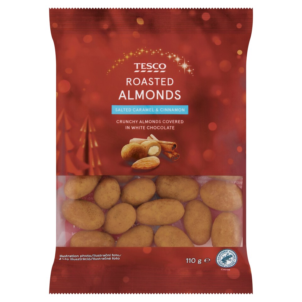 Tesco sós karamella ízű fehér csokoládéval bevont pörkölt mandulabél, fahéjba forgatva 110 g 