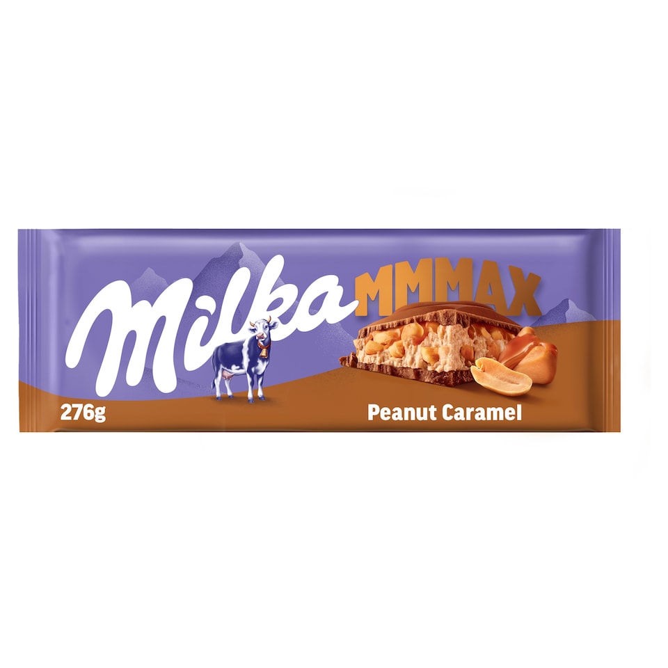 Milka Mmmax földimogyorós-karamellás alpesi tejcsokoládé földimogyoró darabokkal és rizzsel 276 g 1. kép