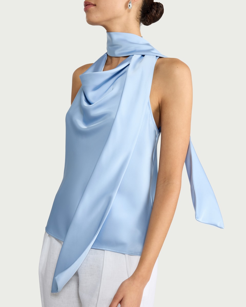 image 1 of F&F Satin Cowl Scarf Neck Blouse in Blue