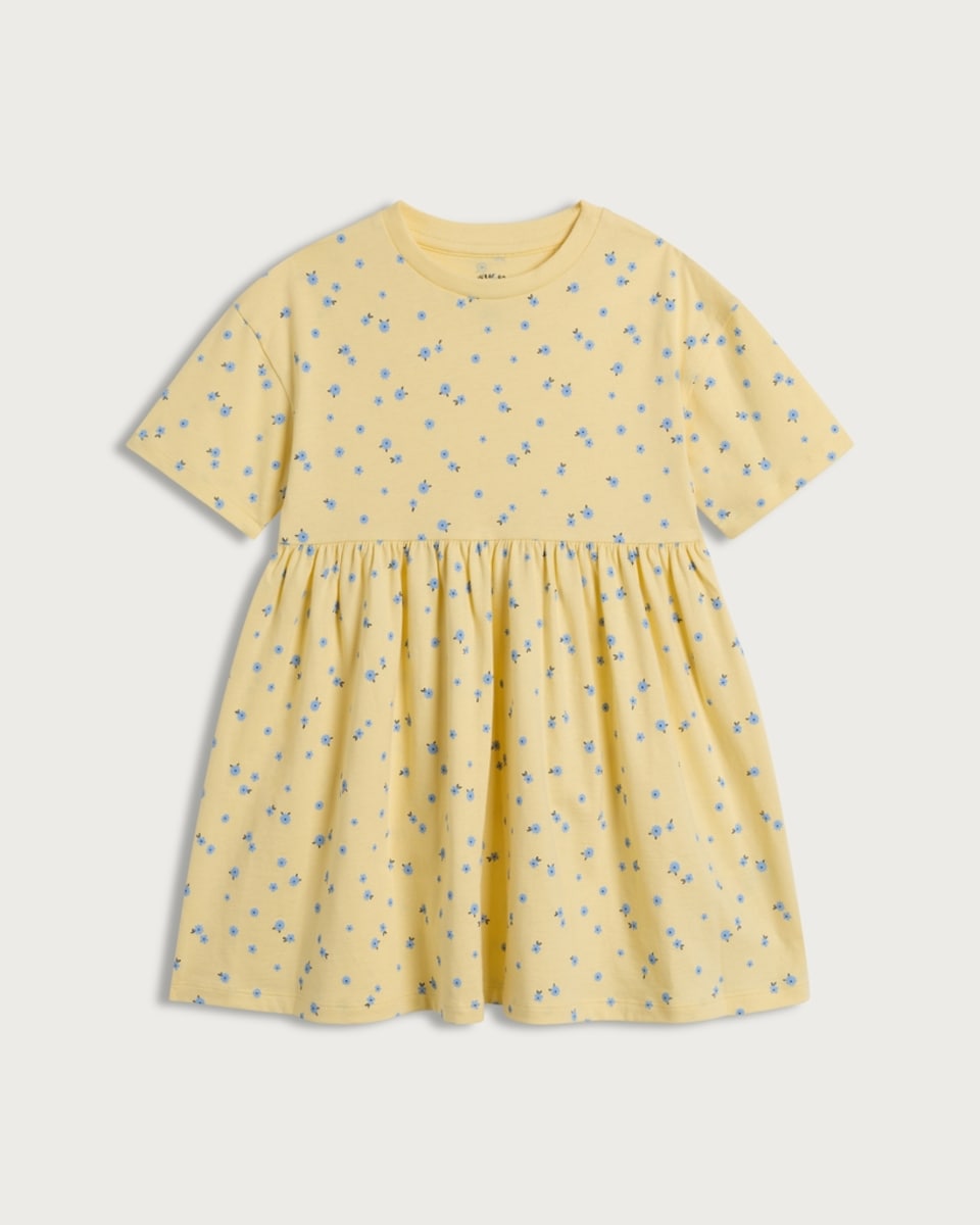 image 1 of F&F Girls Pure Cotton Floral Print Short Sleeved Dress in Yellow