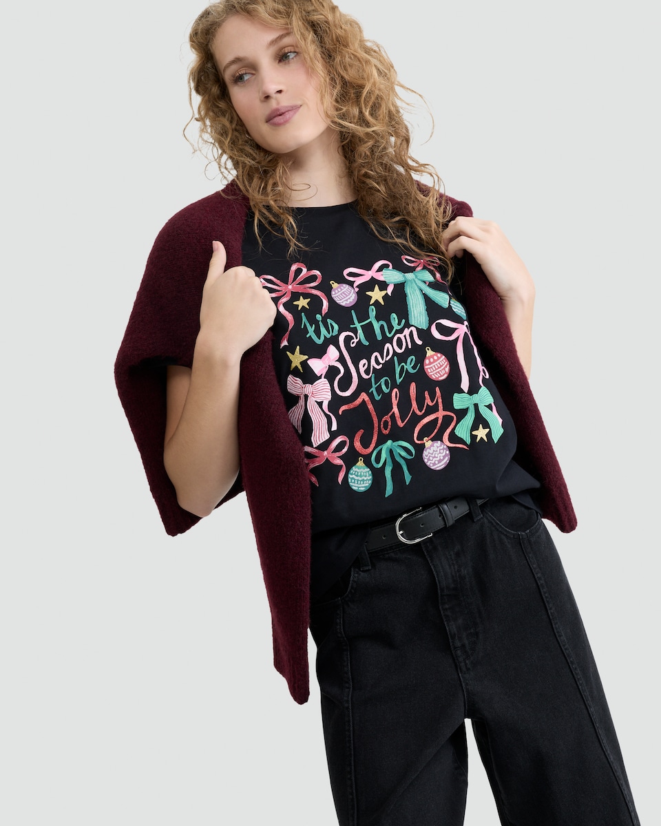 image 1 of F&F 'Tis the Season to Be Jolly Slogan T-Shirt in Black