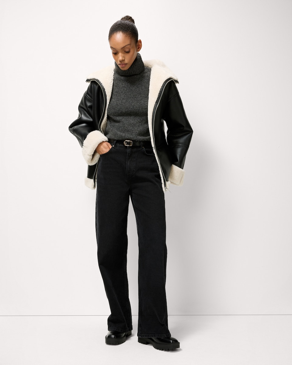 image 1 of F&F Faux Leather Shearling Jacket in Black