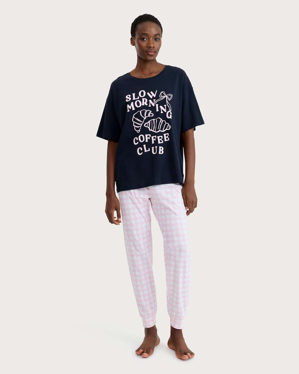 image 1 of F&F Pure Cotton Coffee Club Pyjama T-Shirt in Navy