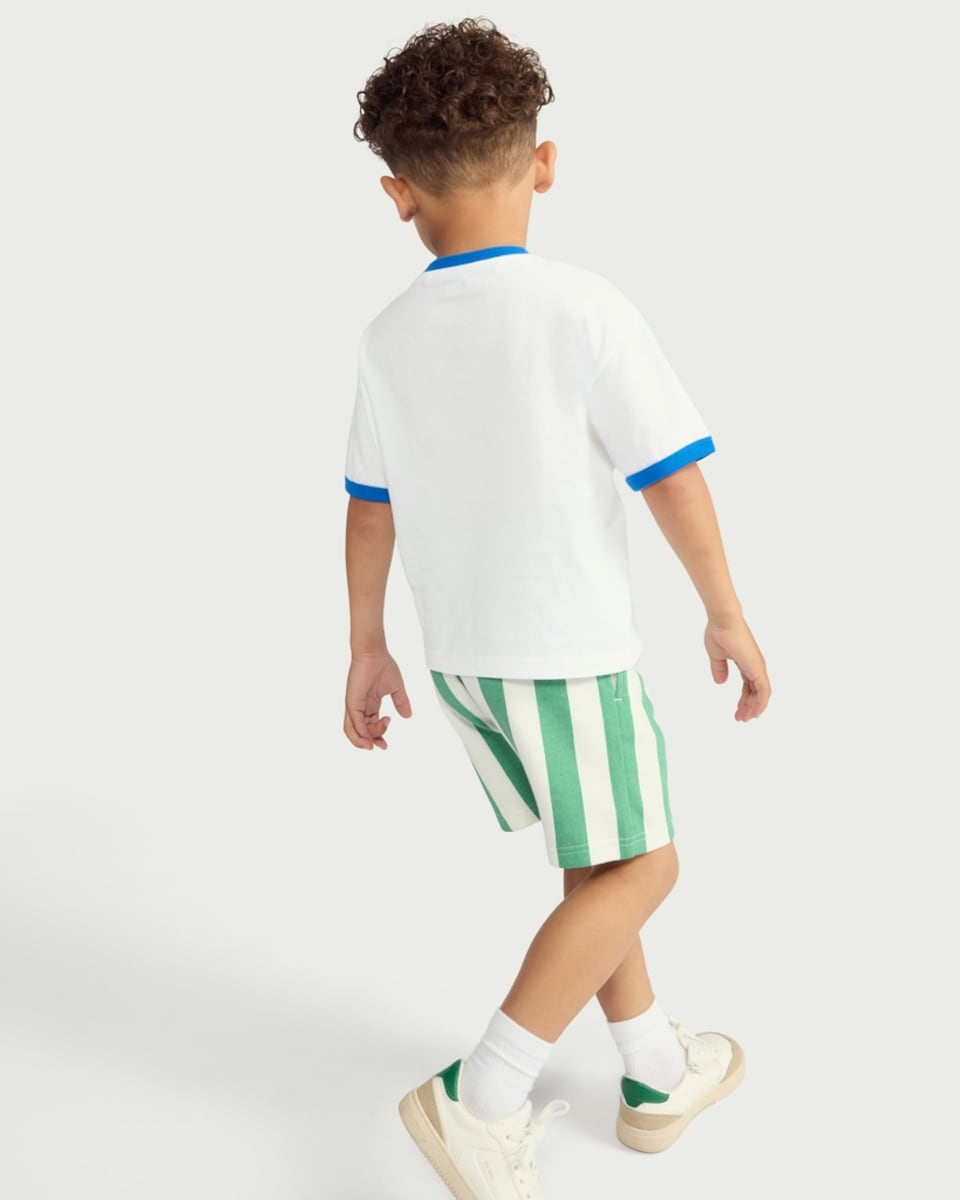 image 1 of F&F Boys 2-Piece Saint Lucia Slogan T-Shirt and Striped Shorts Set in White