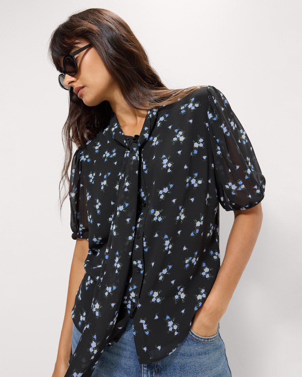 image 1 of F&F Ditsy Floral Tie Neck Blouse in Multi Black