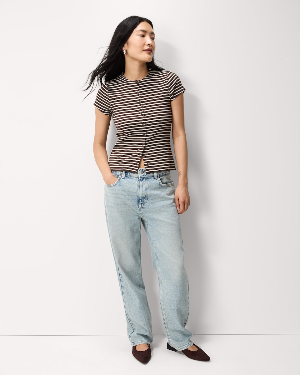 image 1 of F&F Cotton Rich Striped Button Front Top in Multi Brown