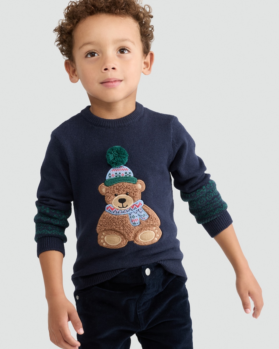 image 1 of F&F Boys Cotton Rich Pom Pom Bear Jumper in Navy